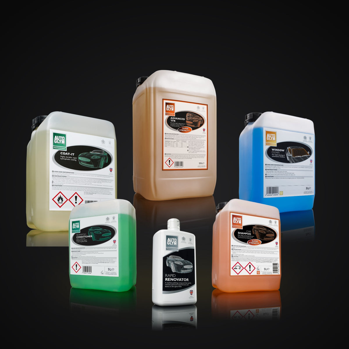 Autoglym Professional -ammattipakkaukset: Advanced TFR, Coat-it, Window Clean, Shampoo Conditioner, Super Strength Shampoo ja Rapid Renovator
