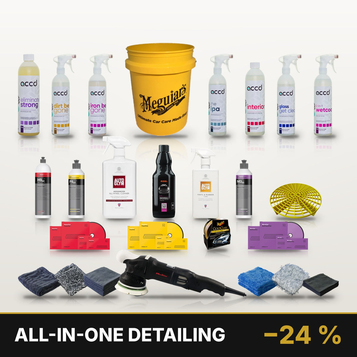 All-in-One Detailing -paketti – 25 tuotetta pesuun, myllytykseen, vahaukseen ja sisätiloihin
