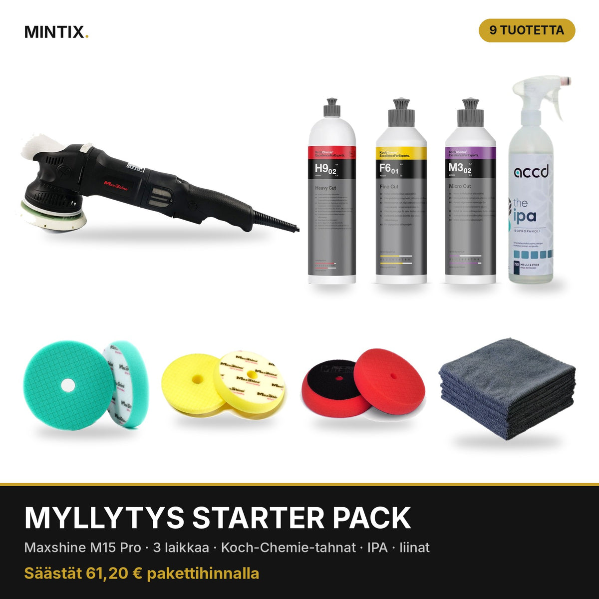 Myllytys Starter Pack: Maxshine M15 Pro, kolme kiillotuslaikkaa, Koch-Chemie-tahnat, IPA ja mikrokuituliinat
