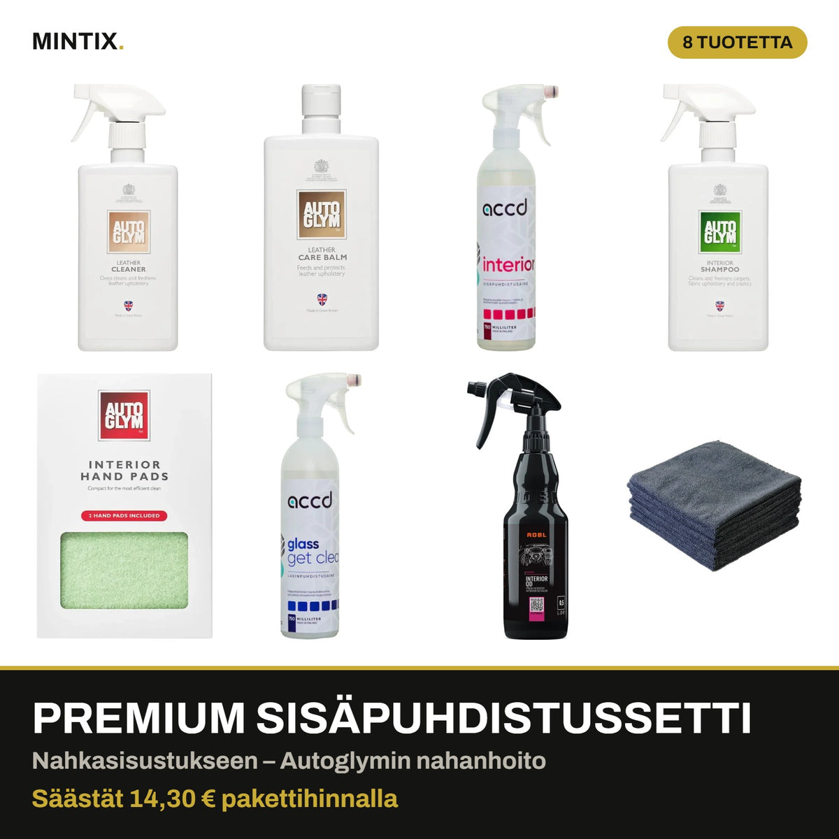 Premium sisäpuhdistussetti nahkasisustukseen – Autoglym Leather Cleaner ja Leather Care Balm
