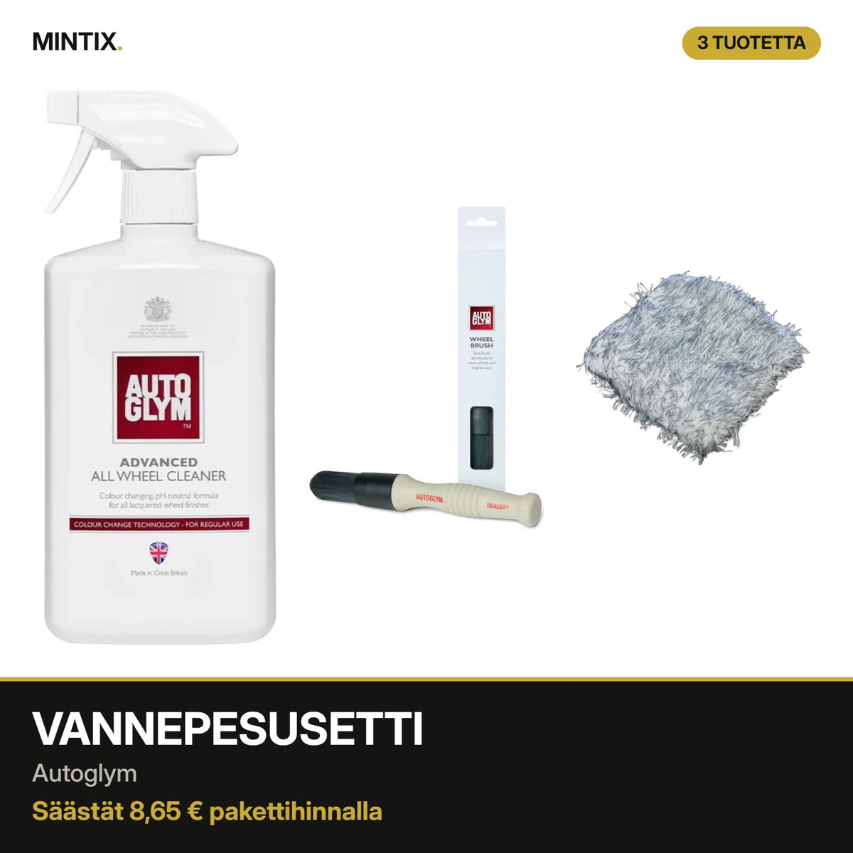 Vannepesusetti Autoglym – vannepesuaine, vanneharja ja vannekintaat